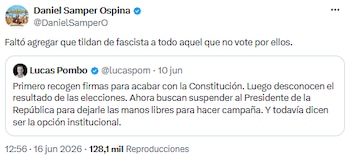 Lucas Pombo y Daniel Samper cuestionaron tácticas de sectores de izquierda frente a la democracia - crédito @lucaspom/X - @DanielSamperO/X