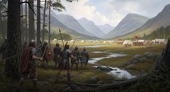 Guerreros con armadura y armas en un bosque observan un valle con un río, montañas y un campamento romano con tiendas y soldados.