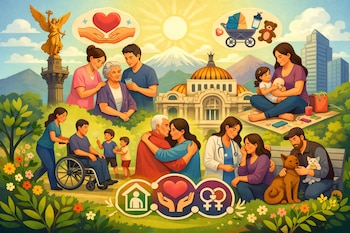 Ilustración que muestra escenas de personas brindando cuidado a adultos mayores, niños, una persona en silla de ruedas y animales, con el Ángel de la Independencia y el Palacio de Bellas Artes de fondo.