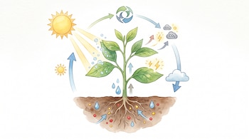 Ilustración de una planta con raíces en el suelo, sol, nubes, gotas de agua, burbujas y flechas que muestran ciclos de elementos y energía.