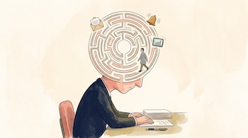 Dibujo de un hombre de perfil en un escritorio cuya cabeza es un laberinto circular con una figura humana, una carta, una campana y una pantalla.