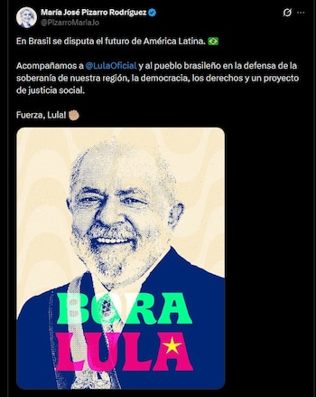 La senadora María José Pizarro compartió una pieza gráfica con la consigna "BORA LULA" en respaldo al presidente brasileño - crédito @PizarroMariaJo / X