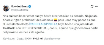 El alcalde de Medellín sostuvo que el encuentro fue una jornada de trabajo previa al comienzo del Gobierno de Colombia - crédito @FicoGutierrez/X