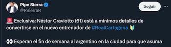 Néstor Craviotto sería el nuevo técnico de Real Cartagena- crédito @PSierraR/X
