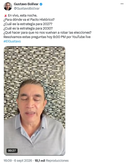 Gustavo Bolívar pidió reorganizar el Pacto Histórico antes de la carrera presidencial de 2030 - crédito @GustavoBolivar/X