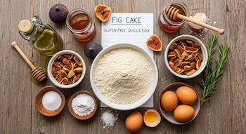 Aceite, miel, higos frescos y secos, harina, azúcar, huevos, sal y romero sobre una tabla de madera, junto a una nota que dice "Fig Cake Gluten-Free, Quick & Easy".
