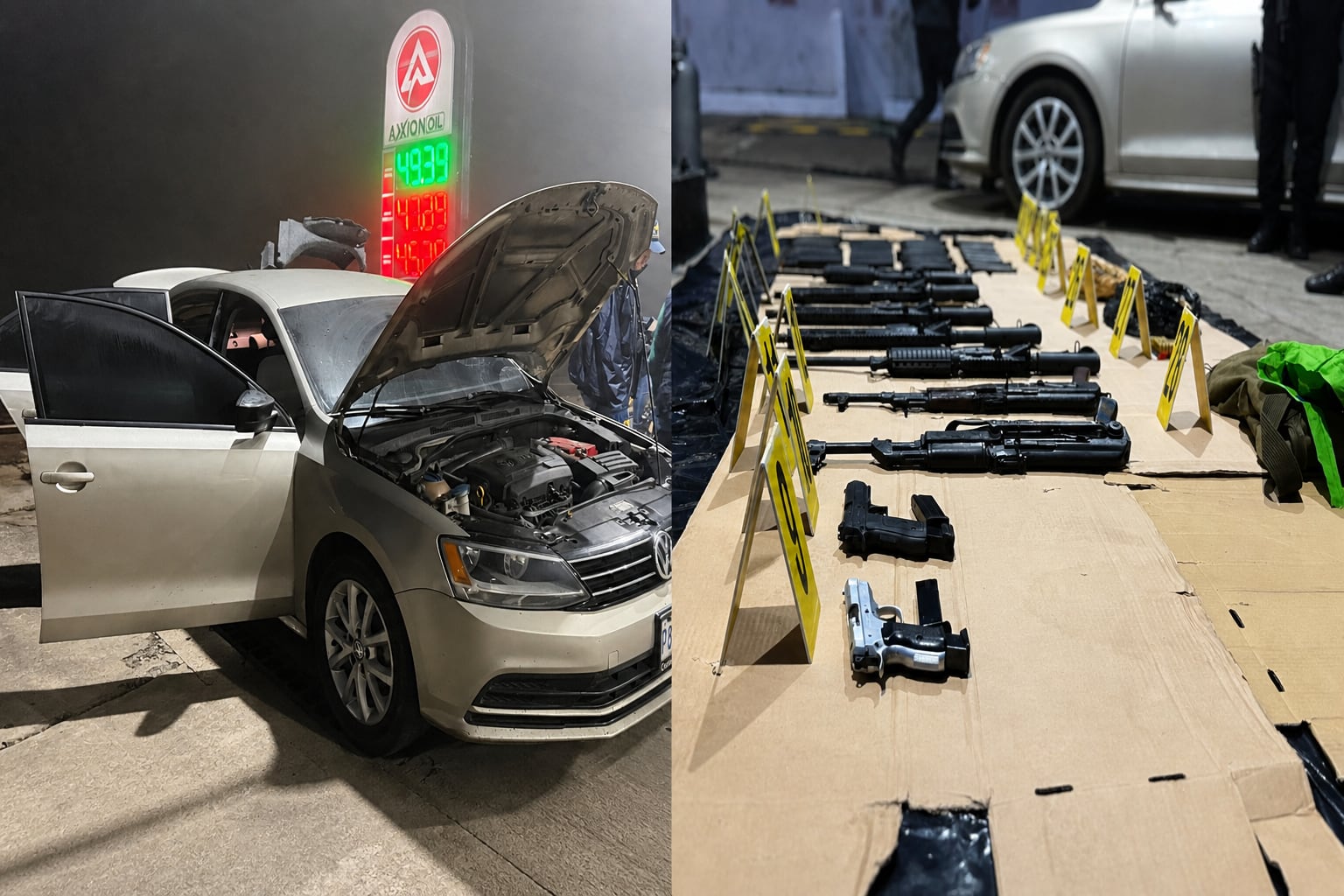 Varias armas de fuego decomisadas permanecen expuestas con marcadores de evidencia junto a un automóvil inspeccionado en una estación de servicio. (Imagen Ilustrativa Infobae)