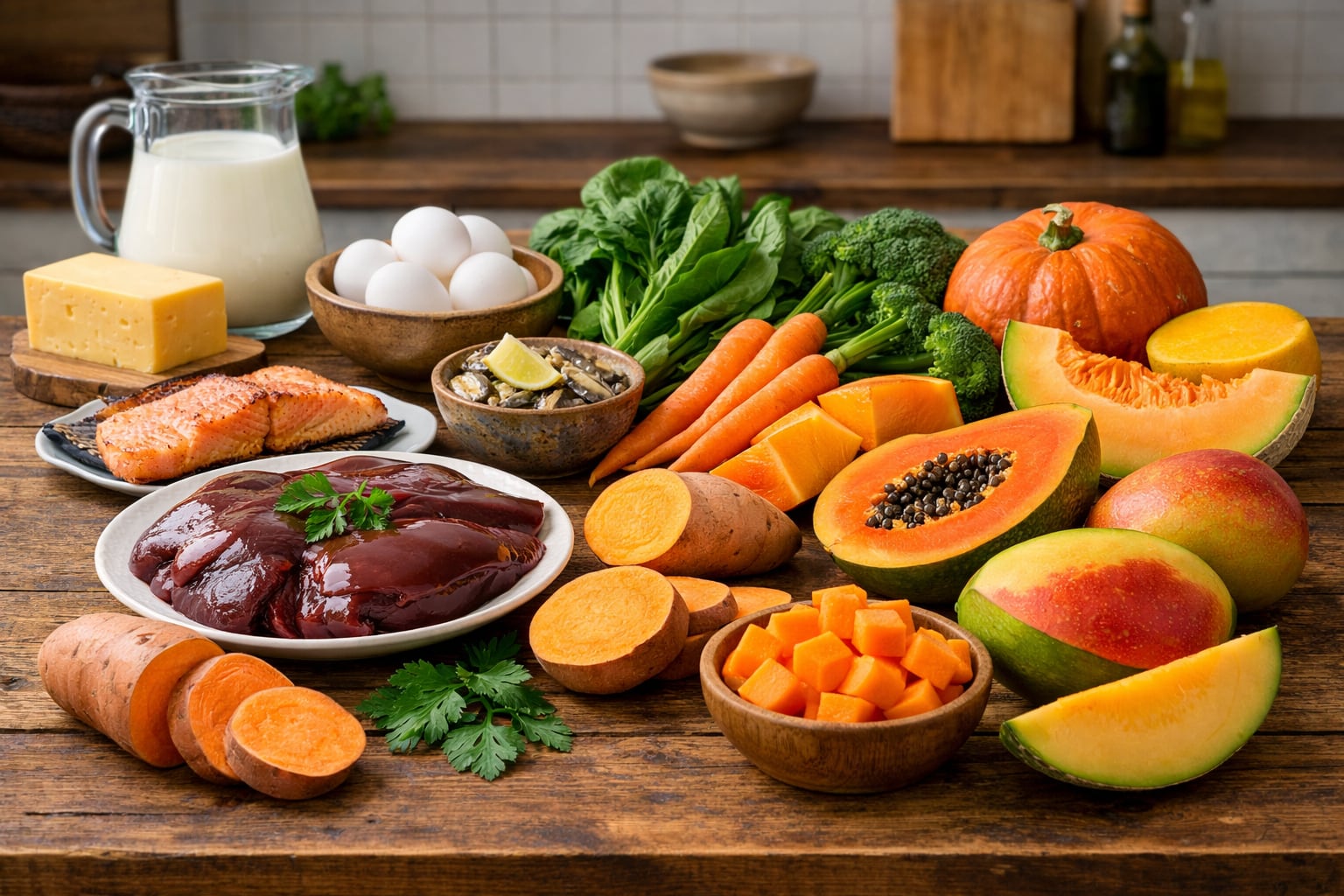 La vitamina A se encuentra en productos lácteos, hígado, pescado, verduras de hoja verde, zanahorias, boniatos y frutas como el mango y el melón (Imagen Ilustrativa Infobae)