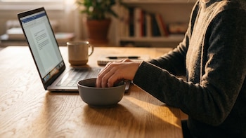 Manos de una persona sobre el teclado de una computadora portátil en una mesa de madera con un cuenco y una taza