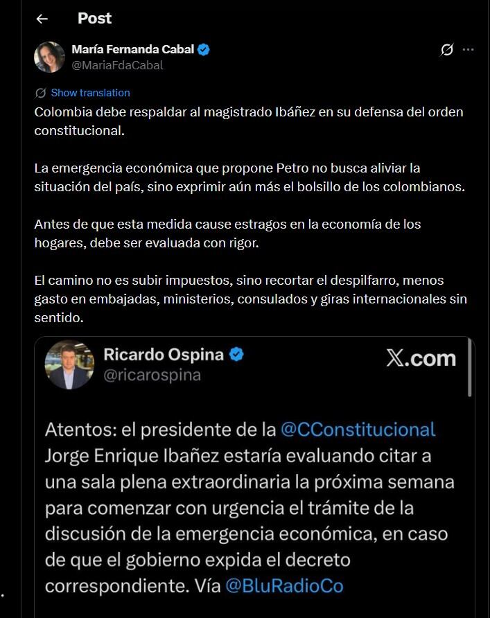 María Fernanda Cabal salió en respaldo del magistrado Ibáñez - crédito @MariaFdaCabal