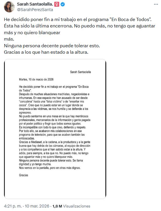 El comunicado de Sarah Santaolalla tras su bronca con Nacho Abad y Antonio Naranjo en