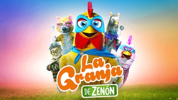 Grupo de cinco personajes de La Granja de Zenón: pollo con capa, zorro con gafas, niño, llama y pollo blanco. Logo del programa