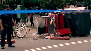 Oficial de policía junto a cinta azul "Police Line" y un carruaje de caballos volcado. Se observan un caballo, una rueda de madera y escombros en la calle