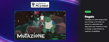 Banner Epic Games Store con logo y texto "Consíguela en PC y móvil". Ilustración de Mutazione con tres personajes. Título del juego. Textos "Gratis" y "Regalo"