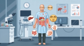 Ilustración de paciente con ictericia, erupciones cutáneas, hígado e intestinos afectados, manos hinchadas, en una clínica.