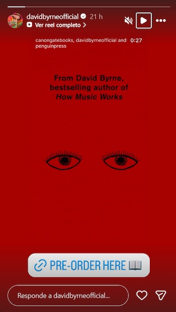 Fondo rojo con texto blanco 'From David Byrne, bestselling author of How Music Works', dos ojos estilizados en negro y un botón 'PRE-ORDER HERE'