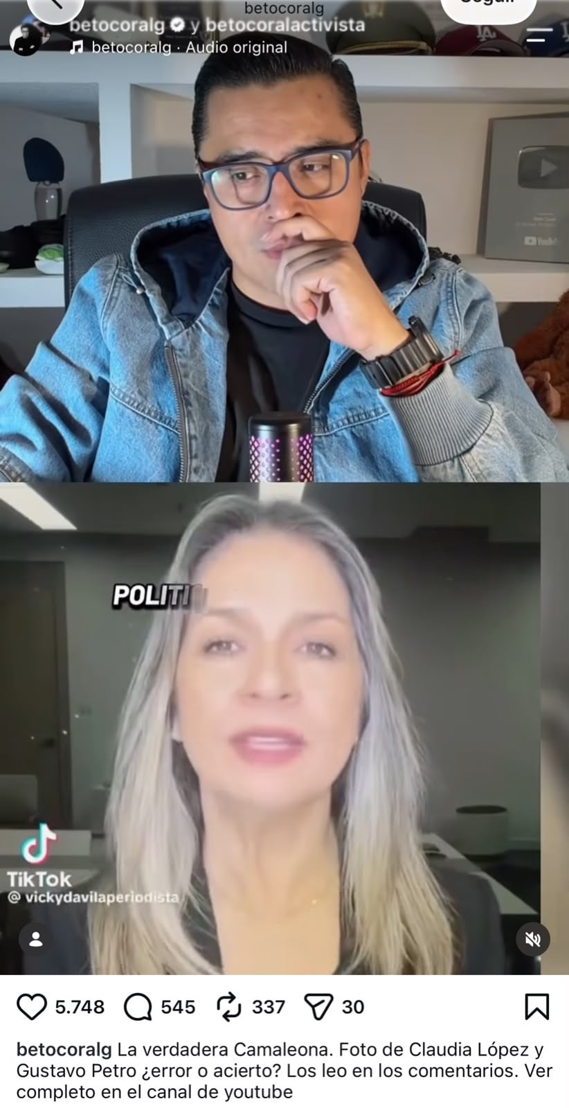 El contraste de Beto Coral entre dos posturas de Vicky Dávila sobre Abelardo de la Espriella - crédito betocoralg/Instagram