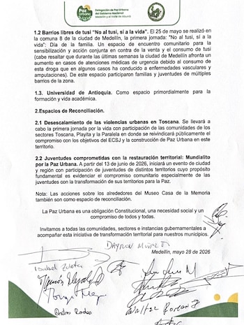 La decisión quedó consignada en un comunicado público de la delegación de Paz Urbana del Gobierno Nacional para Medellín y el Valle de Aburrá, que atribuyó el reinicio del mecanismo a un “diálogo riguroso” - crédito @PazUrbanaCo/X