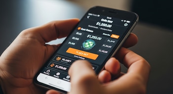 Primer plano de manos sosteniendo un smartphone con una aplicación de apuestas online activa en la pantalla, mostrando botones y cantidades en dólares.