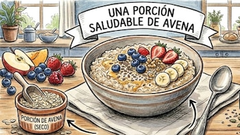 Ilustración de un tazón de avena con fresas, arándanos, plátano y nueces. Al lado, una porción de avena seca, leche vegetal y frutos secos