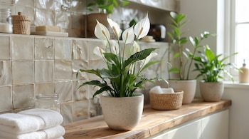 Planta de espatifilo con flores blancas en maceta de cerámica sobre una repisa de madera junto a toallas blancas y azulejos.