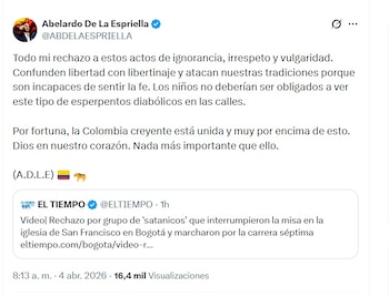 Hasta el candidato presidencial Abelardo de la Espriella reaccionó a lo ocurrido en Bogotá - crédito @ABDELAESPRIELLA/X