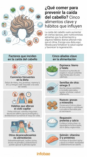 Infografía con ilustración de cabeza y cabello; íconos de espinaca, chía, nueces, requesón, salmón; íconos de hábitos como sueño, comida, ejercicio, ocio y ayuno.