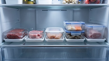 Recipientes transparentes de vidrio y plástico con carnes, pescados y mariscos crudos colocados sobre charolas en un estante de refrigerador.