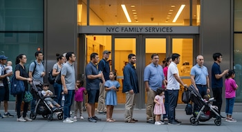 Varias familias, incluyendo adultos y niños, hacen fila frente a un edificio con el letrero 'NYC FAMILY SERVICES'. Algunos niños están en cochecitos.
