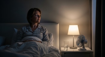 Una mujer de mediana edad está sentada en la cama en un dormitorio oscuro, mirando hacia la derecha. Un ventilador y un vaso de agua están sobre la mesa de noche.