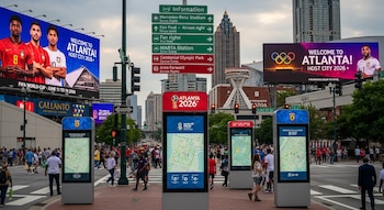 Vista urbana de Atlanta con vallas publicitarias y monolitos digitales orientativos para el Mundial 2026 y JJOO, entre peatones y edificios altos.