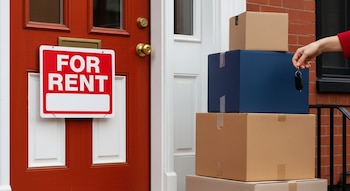 Primer plano de una puerta roja de Boston con un cartel de 'For Rent', junto a cajas de mudanza apiladas y una mano sosteniendo una llave.
