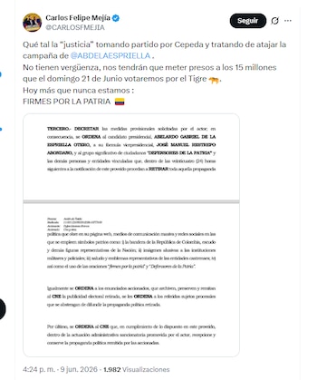 El exsenador Carlos Felipe Mejía aseguró que la justicia está tomando partido por Iván Cepeda y atacando a la campaña de Abelardo de la Espriella - crédito @CARLOSFMEJIA/X