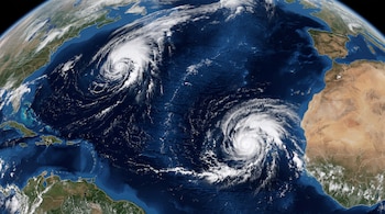 Vista satelital de la Tierra con el océano Atlántico y dos grandes espirales de nubes blancas entre América del Norte, África y Europa.