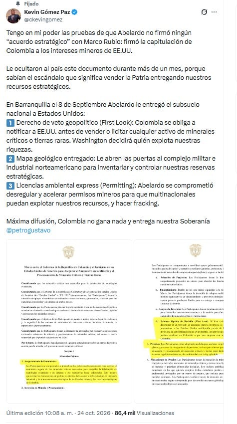 Gómez Paz compartió el documento en su publicación de X el sábado 24 de octubre de 2036 - crédito @ckevingomez/X