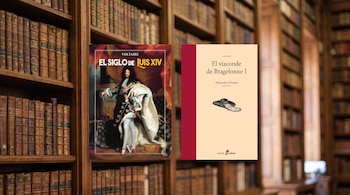 Dos portadas de libros, una con el título 'El Siglo de Luis XIV' y otra 'El vizconde de Bragelonne I', sobre un fondo desenfocado de estanterías con libros.