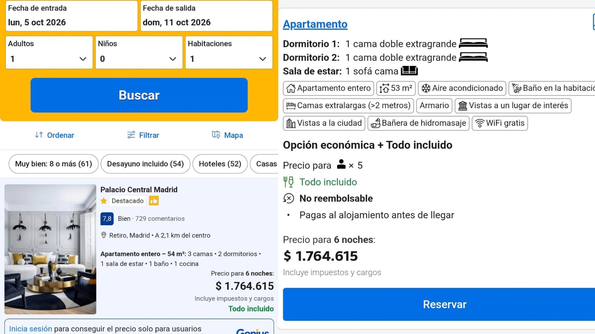 Antes de reservar en el hotel falso de Madrid. Seis noches costaban 1.764.615 pesos argentinos que equivalen a unos 1.038 euros. (Cedidas)