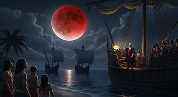 Un hombre en una carabela con nativos, dos barcos más, una luna llena roja en el cielo nocturno y una orilla con palmeras.