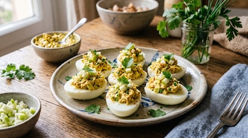 Un plato con varias mitades de huevo cocido rellenas de una mezcla amarilla, decoradas con cubos de manzana verde y hojas de cilantro.