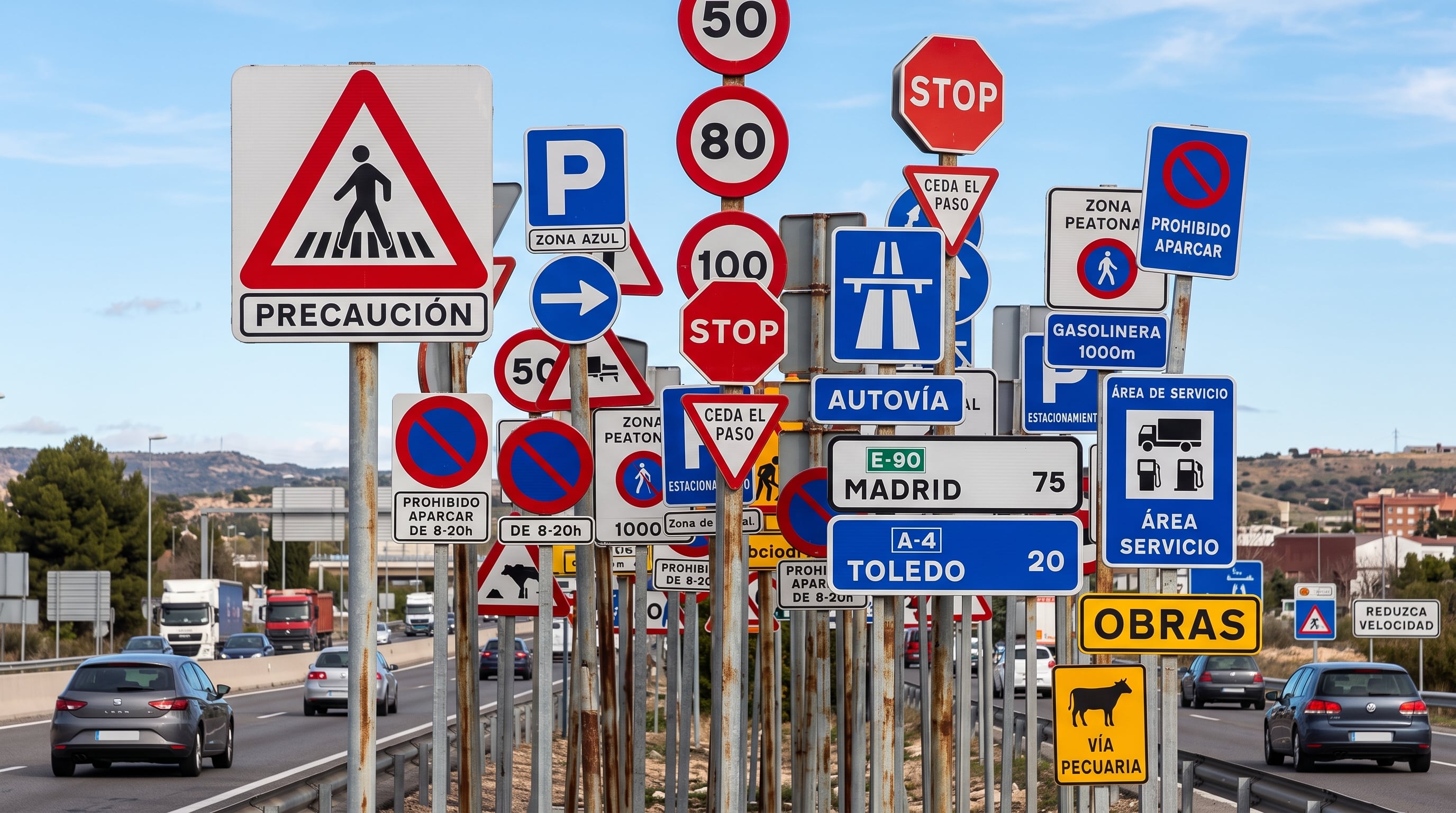 Decenas de señales de tráfico de España se acumulan en el margen de una carretera con tránsito de vehículos. (Imagen Ilustrativa Infobae)