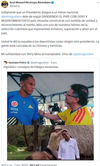 José Manuel Restrepo questiona Gustavo Petro por publicação polêmica sobre Yerry Mina - crédito @jrestrp/X
