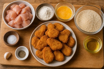 Plato con nuggets de pollo fritos rodeado de cuencos con pollo crudo, harina, huevo, pan rallado, sal, pimienta, ajo y aceite sobre una tabla.