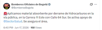 La causa habría sido un derrame de hidrocarburos en la vía - crédito Bomberos Oficiales de Bogotá