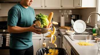 Un hombre en una cocina tira un tazón con lechuga, pan y un plátano a un bote de basura; varios alimentos caen y se esparcen.