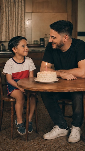Un hombre barbudo sonríe y mira a un niño pequeño sentado frente a él en una mesa de madera. Entre ellos hay un pastel blanco con una vela encendida