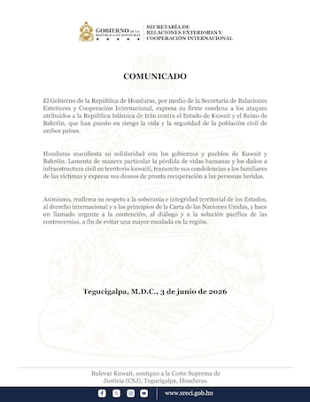 El Gobierno de Honduras condenó los ataques atribuidos a Irán en Kuwait y Bahréin