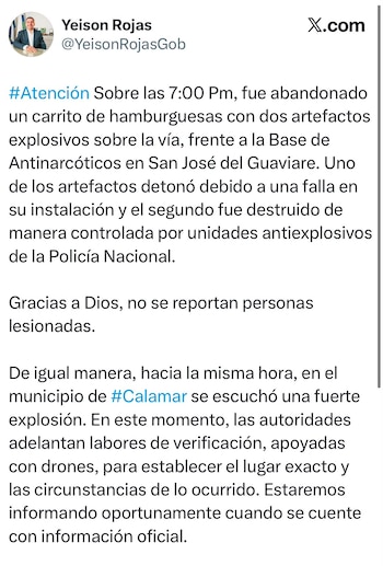 Yeison Rojas, gobernador del Guaviare alerta sobre explosivos