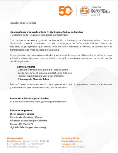 La Fundación Solidaridad por Colombia invitó a los colombianos a participar de la cámara ardiente en el Capitolio Nacional por el deceso de doña Nydia Quintero - crédito Fundación Solidaridad por Colombia
