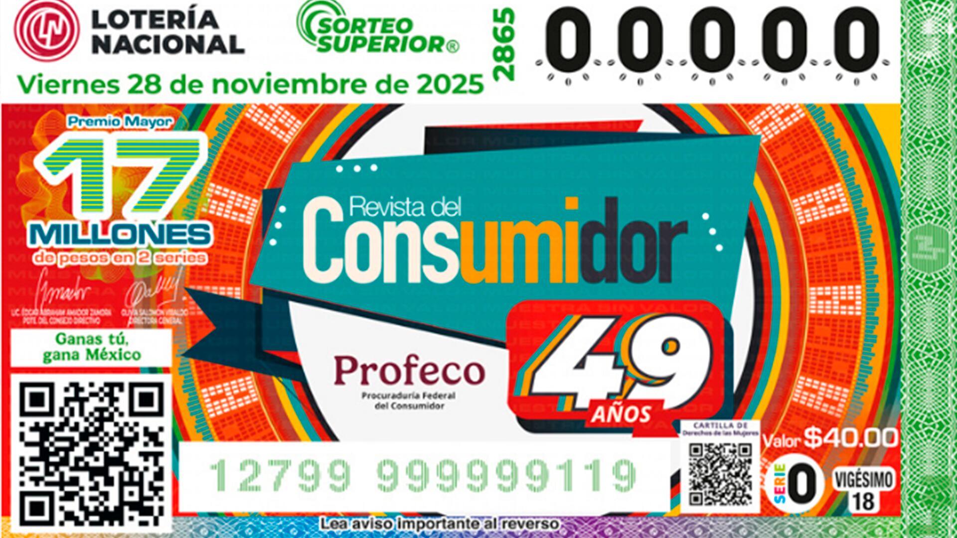 El diseño del billete de este sorteo hace homenaje al 49° Aniversario de la Revista del Consumidor de la Profeco.