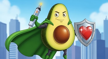 Caricatura de un aguacate con capa de superhéroe, sosteniendo una barra de insulina brillante y un escudo metálico con un corazón rojo.